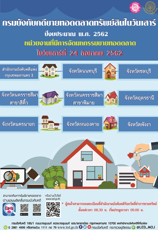 ﻿กรมบังคับคดีจัดการขายทอดตลาดทรัพย์สินทุกวันเสาร์ สำหรับเดือนสิงหาคม 2562